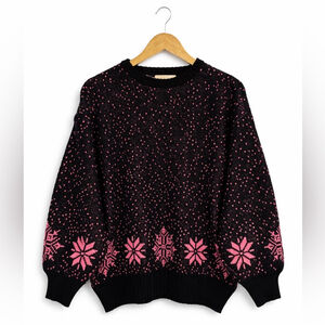 Vintage Black Pink Nordic Knit Sweater | 80s 90s Cozy Statement Pullover